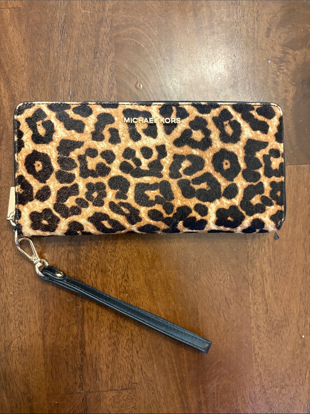 Michael Kors Leopard Print Zip-Around Wristlet - Tan/Black